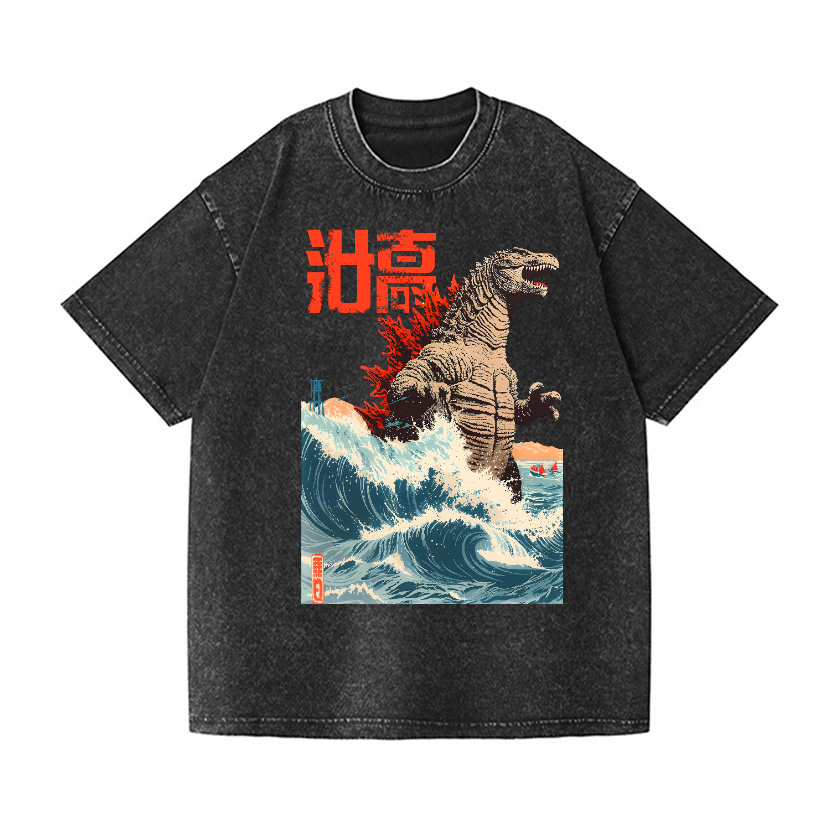 Godzilla Wave Vintage Wash Japanese Design T-Shirt