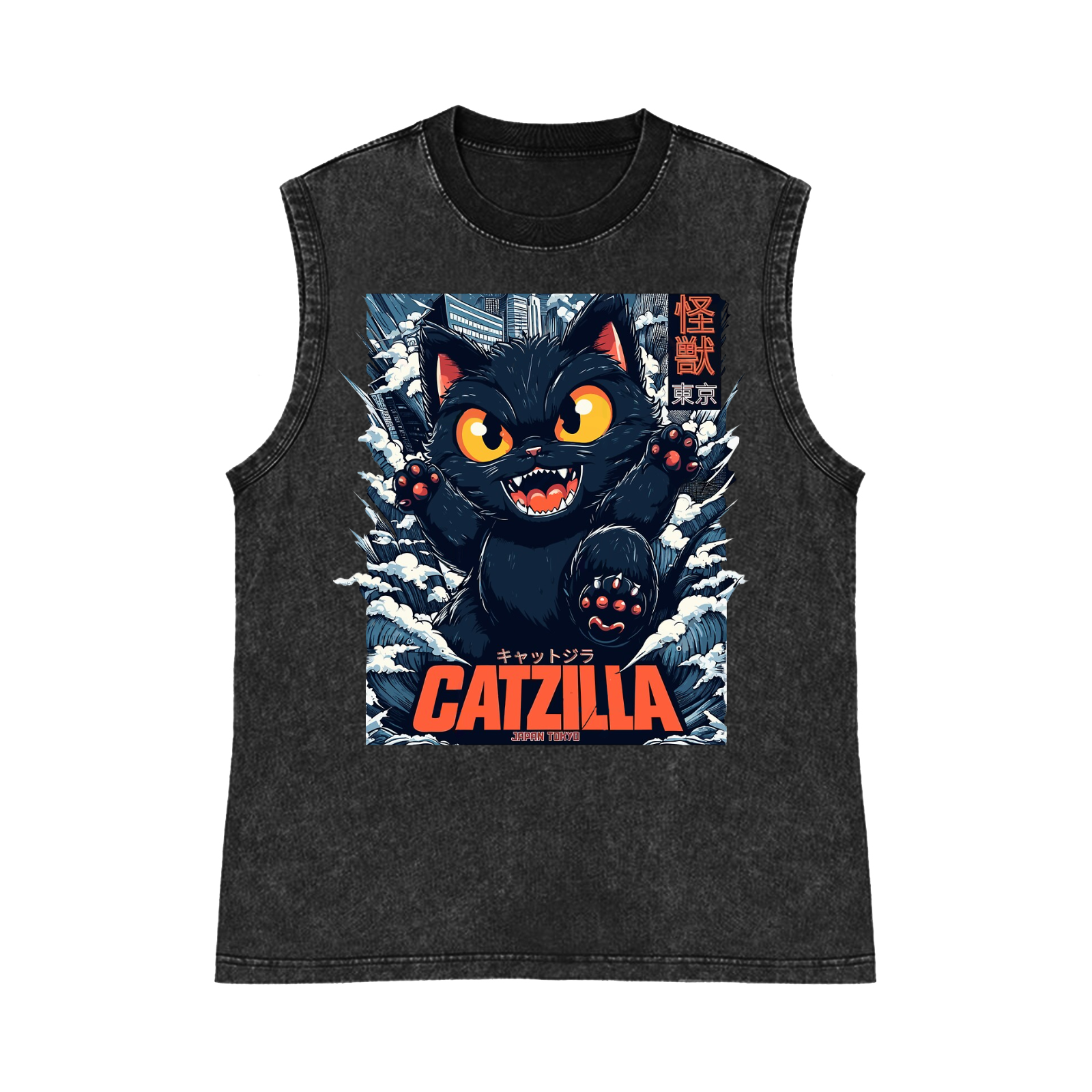 Catzilla Cat Godzilla Pure Cotton Wash-Dyed Sleeveless Tank Top