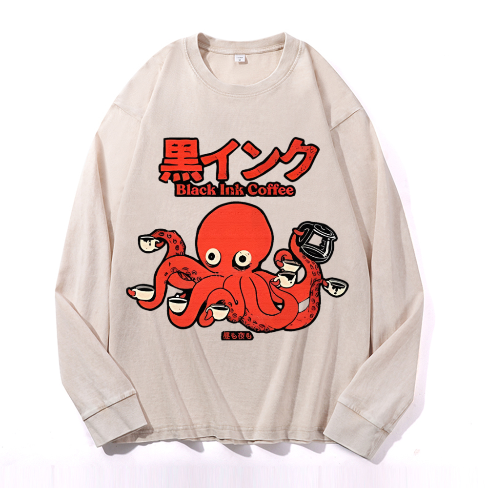 Octopus Coffee Vintage Cotton Wash Crewneck Sweatshirt