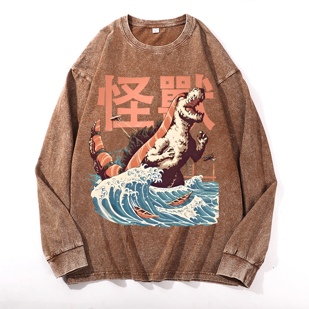 Godzilla Sushi Monster Wave Vintage Cotton Wash Crewneck Sweatshirt