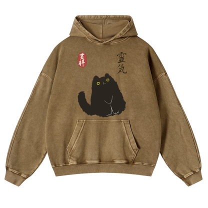 Lucky Black Cat Vintage Washed Thick Cotton Hoodie