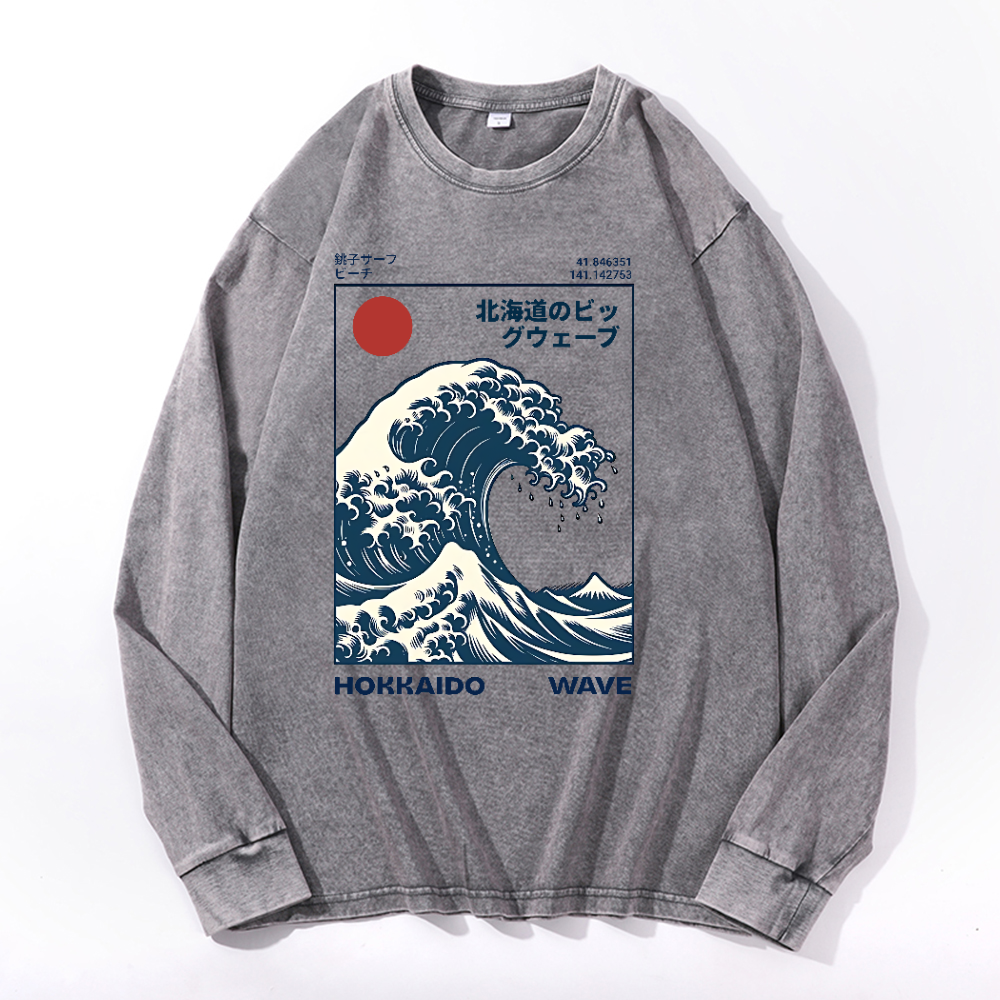 Hokkaido Wave Vintage Cotton Wash Crewneck Sweatshirt