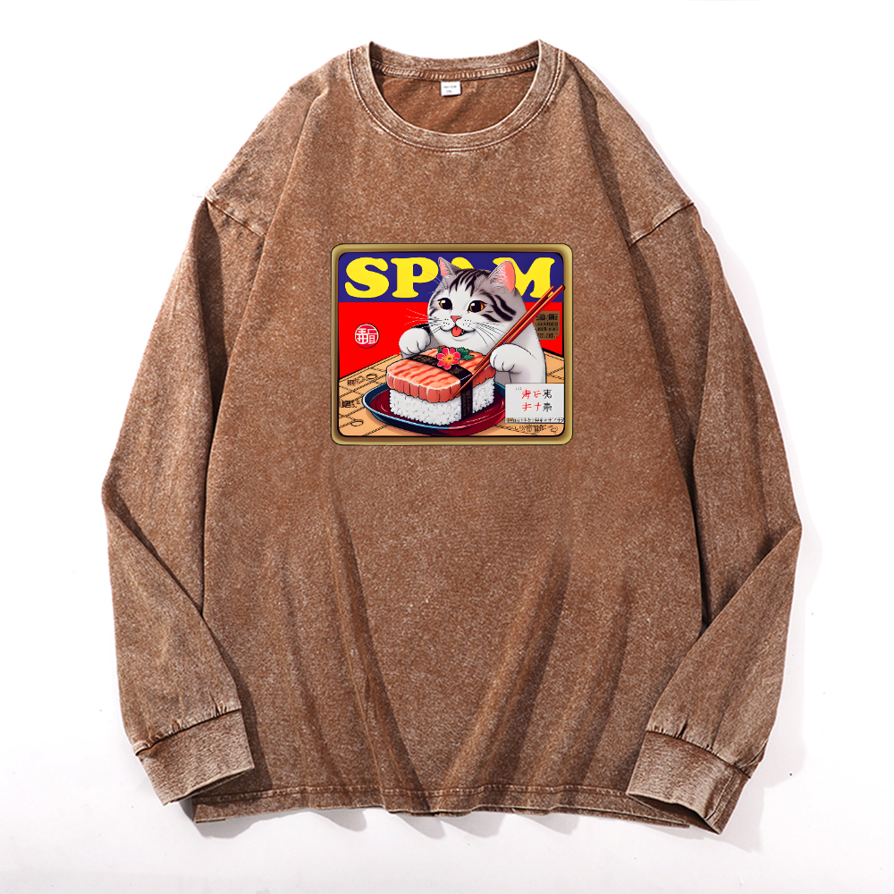 Spam Cat Vintage Cotton Wash Crewneck Sweatshirt