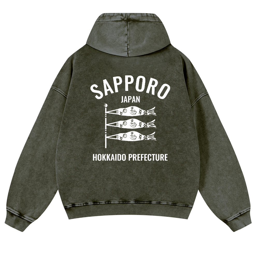 Sapporo Hokkaido Koinobori Vintage Washed Cotton Back Art Hoodie