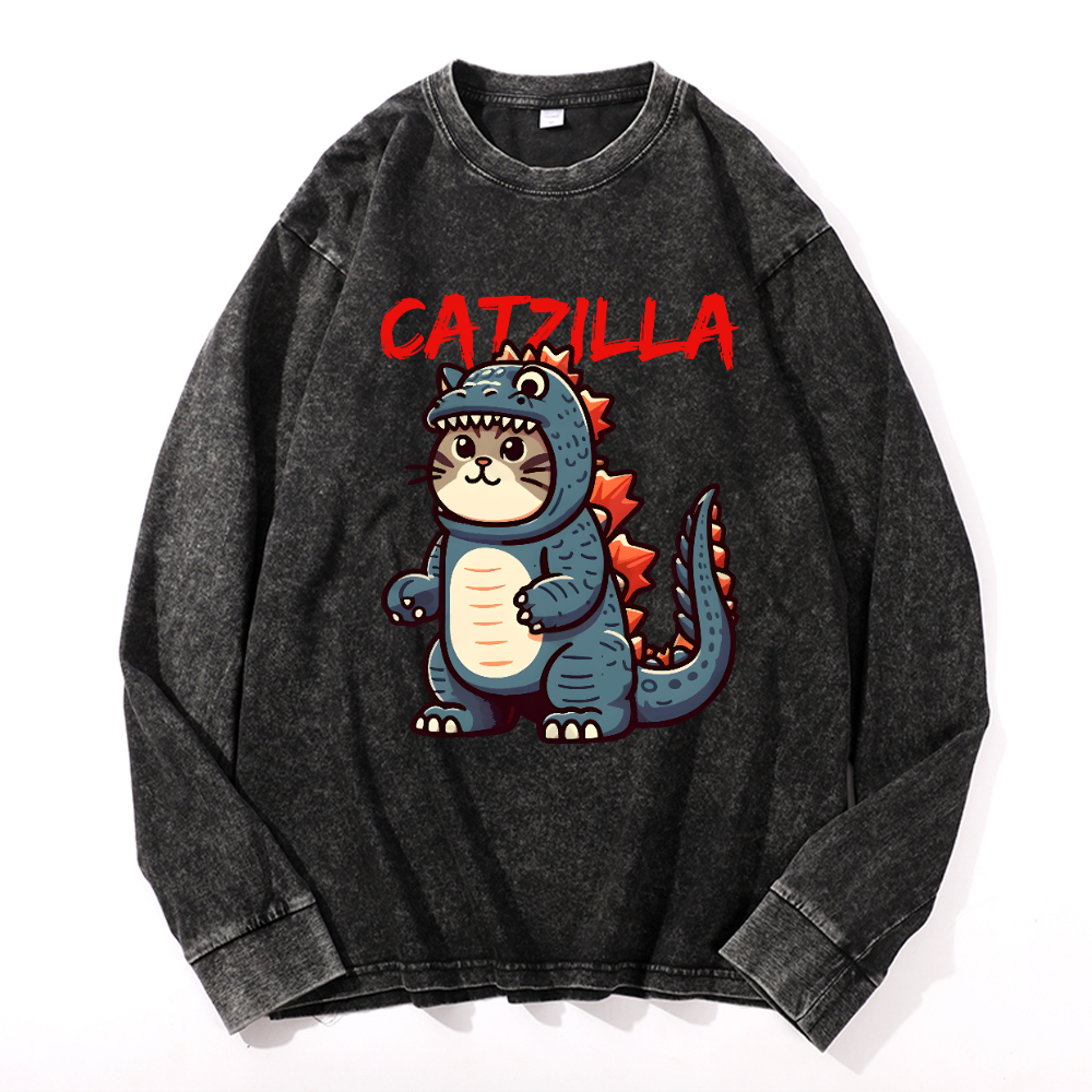 Catzilla Cat Godzilla Vintage Cotton Wash Crewneck Sweatshirt