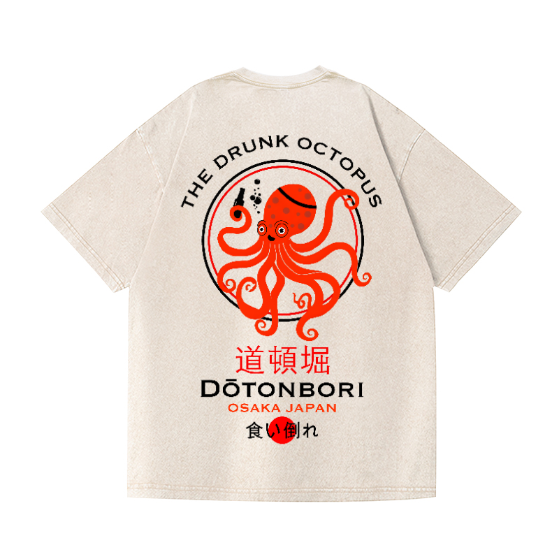 Osaka Dotonbori Drunken Octopus Vintage Wash Japanese Design Back Art T-Shirt