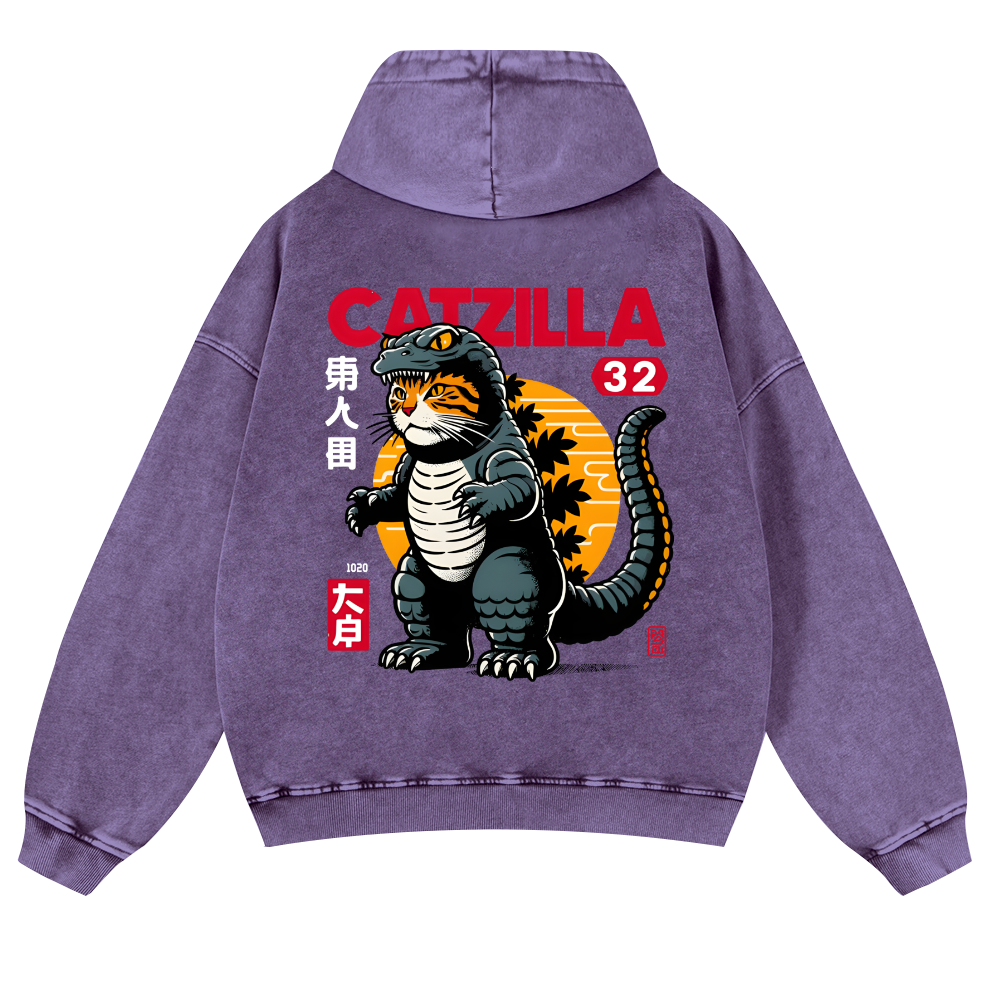 Cat Godzilla Catzilla Vintage Washed Cotton Back Art Hoodie