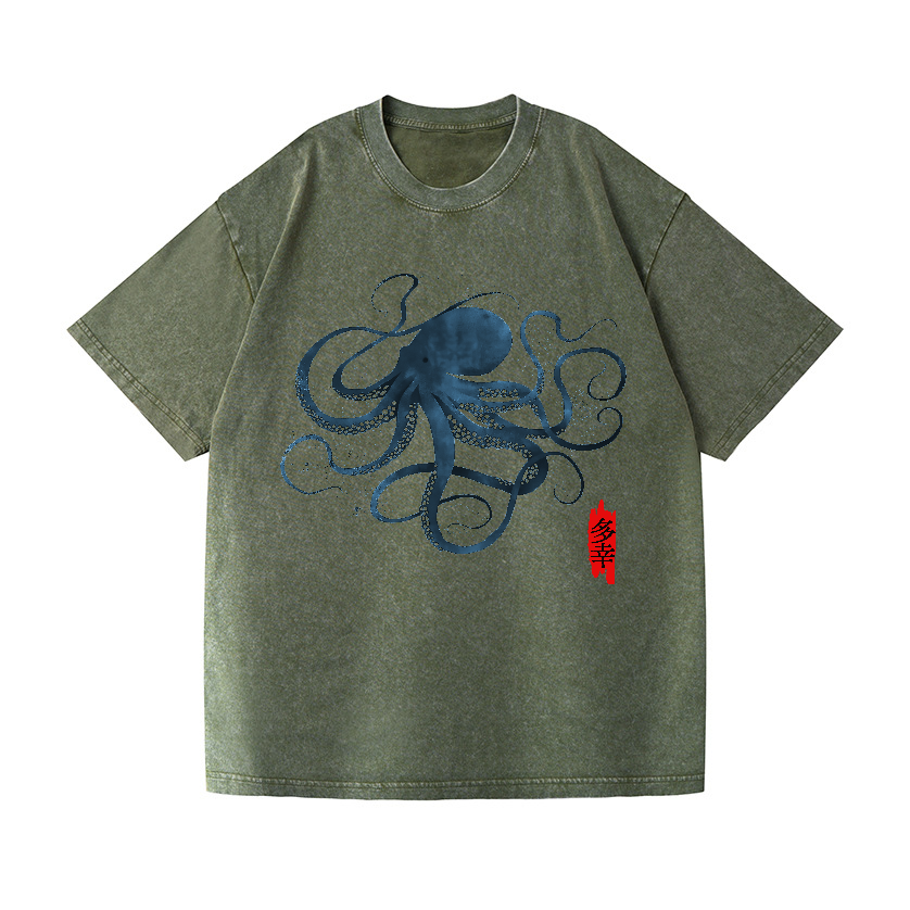 Octopus Calligraphy Vintage Wash Japanese Design T-Shirt