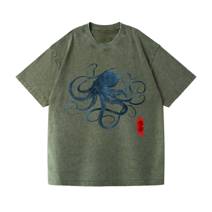 Octopus Calligraphy Vintage Wash Japanese Design T-Shirt