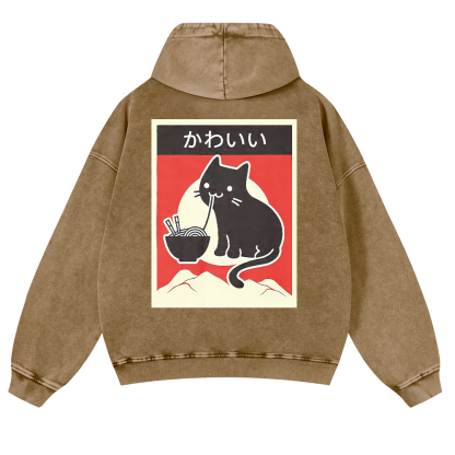 Ramen Cat Vintage Washed Cotton Back Art Hoodie