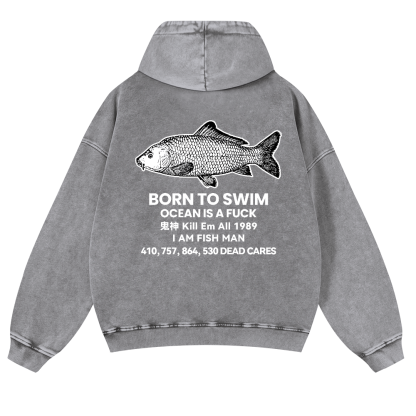 Fish Vintage Washed Cotton Back Art Hoodie