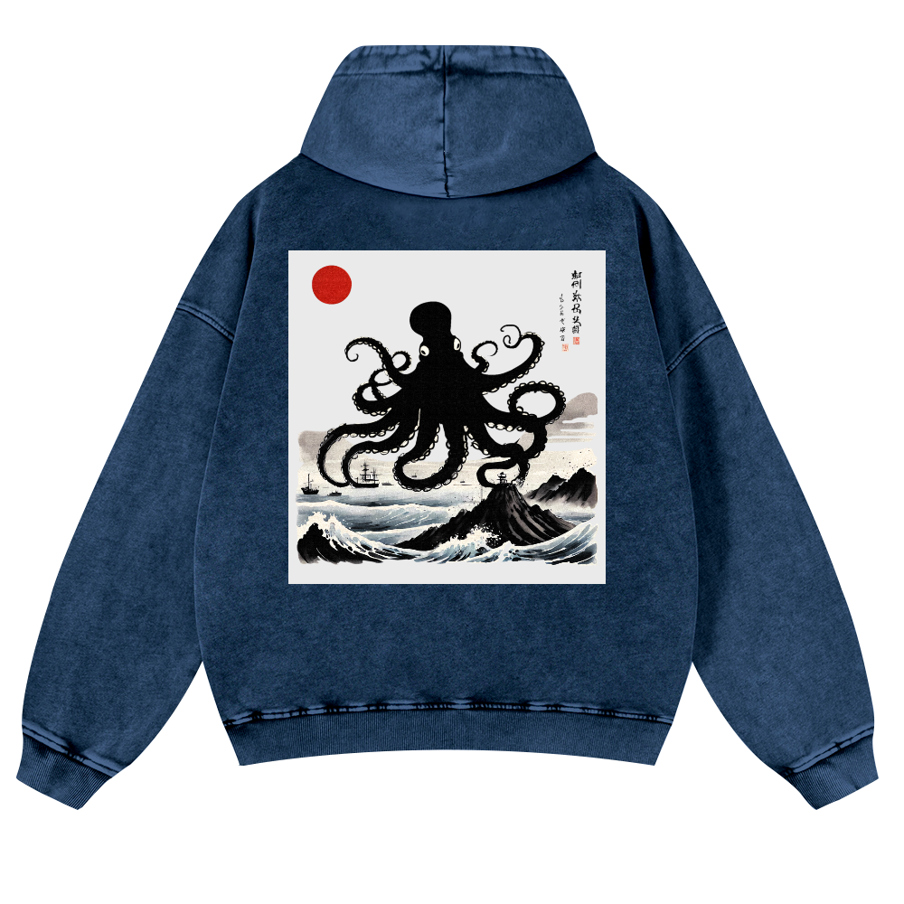 The Giant Octopus in the Sea Vintage Washed Cotton Back Art Hoodie