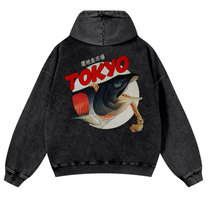 Tsukiji Fish Market Vintage Washed Cotton Back Art Hoodie