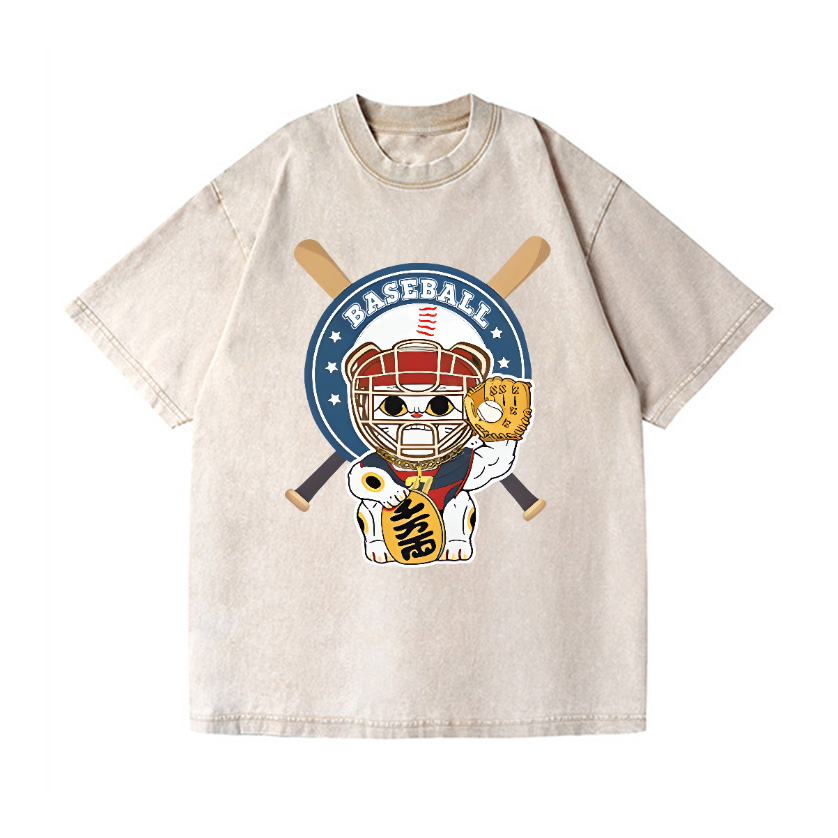 Baseball Maneki Neko Vintage Wash Japanese Design T-Shirt