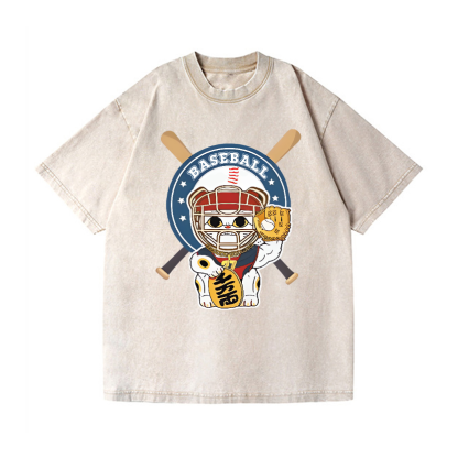 Baseball Maneki Neko Vintage Wash Japanese Design T-Shirt