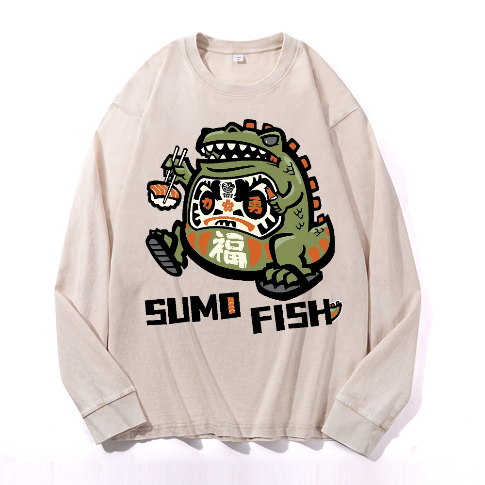 Sumo Fish Daruma Sushi Vintage Cotton Wash Crewneck Sweatshirt