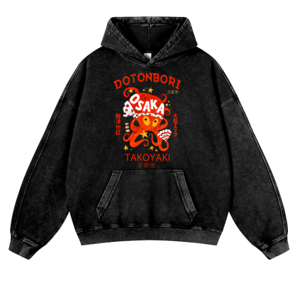 Osaka Dotonbori Takoyaki Octopus Vintage Washed Thick Cotton Hoodie
