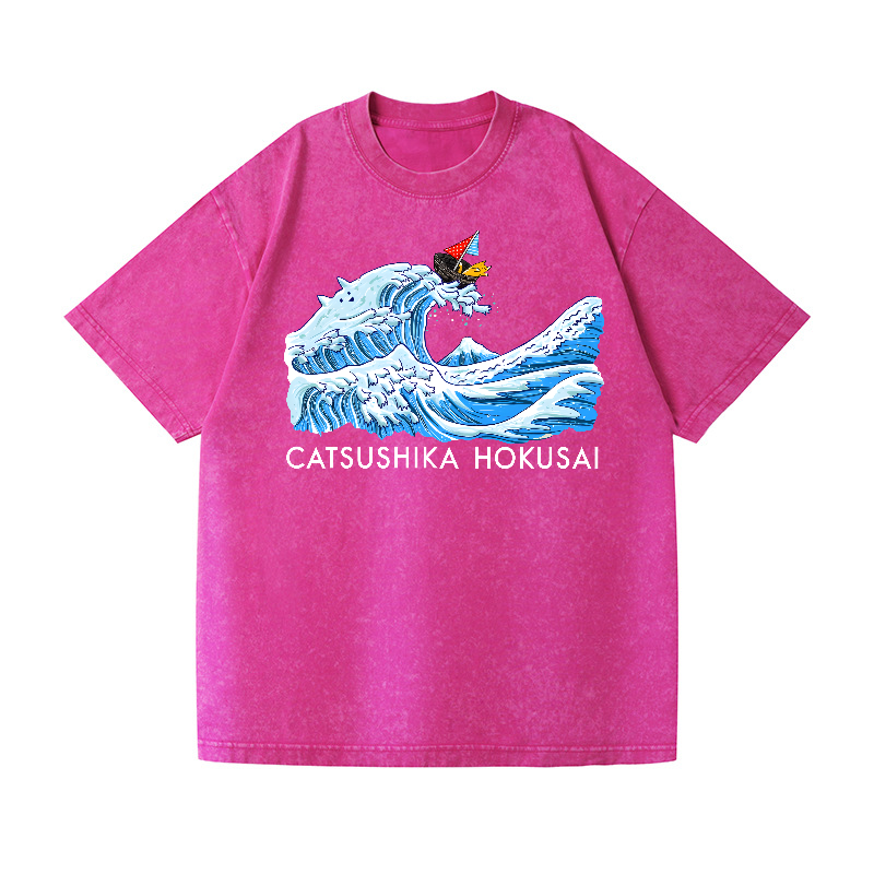 Catsushika Hokusai Cat Wave Vintage Wash Japanese Design T-Shirt