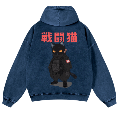 Battle Black Cat Vintage Washed Cotton Back Art Hoodie