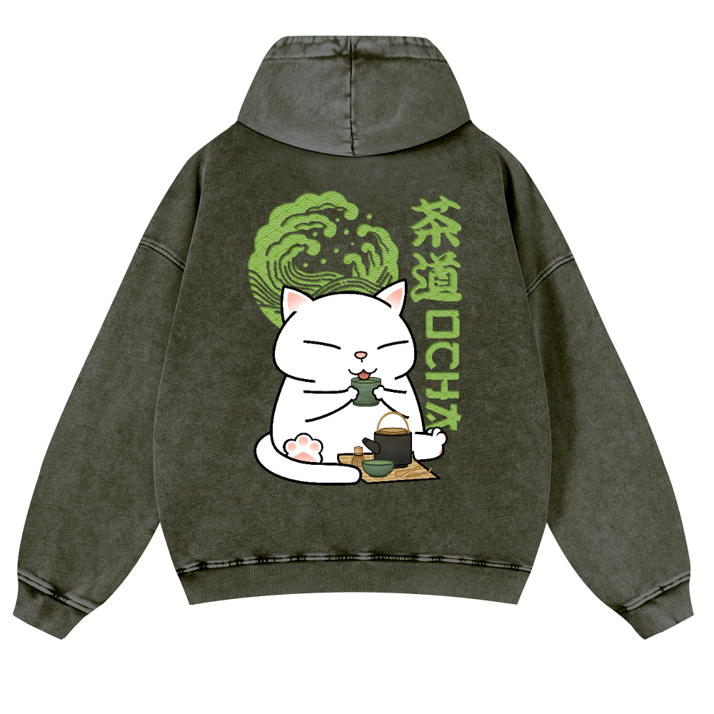 Cat Tea Vintage Washed Cotton Back Art Hoodie