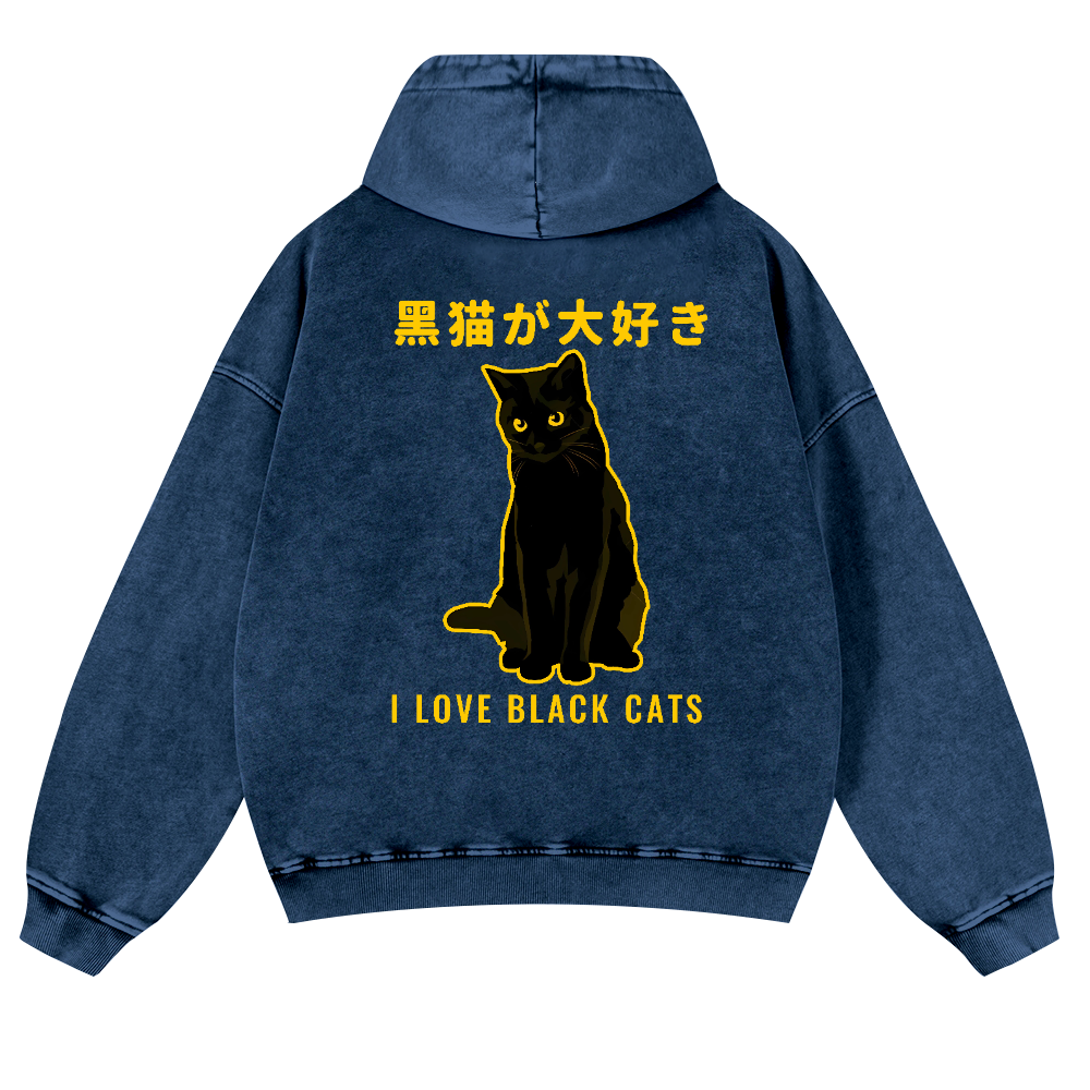 Black Cat Vintage Washed Cotton Back Art Hoodie