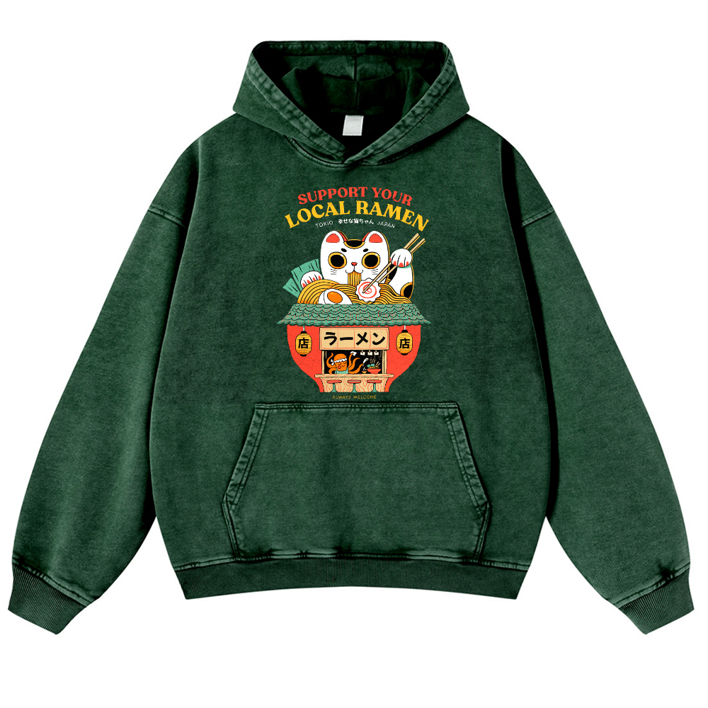 Lucky Cat Vintage Washed Thick Cotton Hoodie
