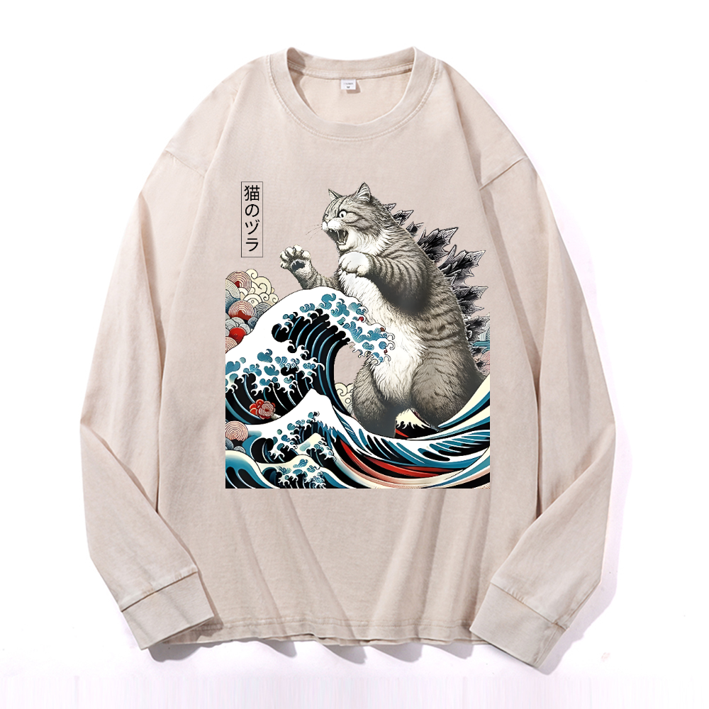 Cat Godzilla Ukiyoe Great Wave Vintage Cotton Wash Crewneck Sweatshirt