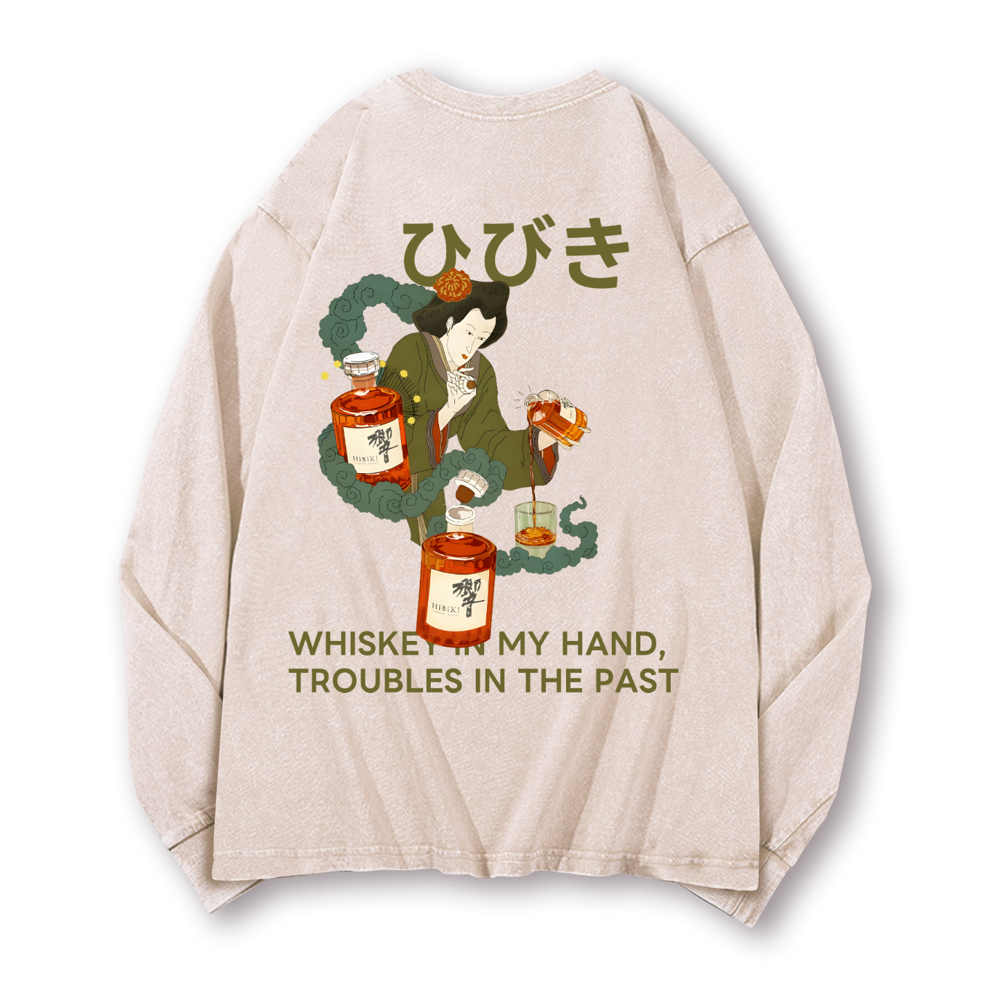 Hibiki Whisky Vintage Washed Cotton Back Art Long-sleeve T-shirt