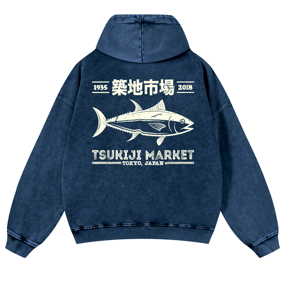 Tsukiji Market Fish Vintage Washed Cotton Back Art Hoodie