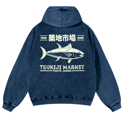 Tsukiji Market Fish Vintage Washed Cotton Back Art Hoodie