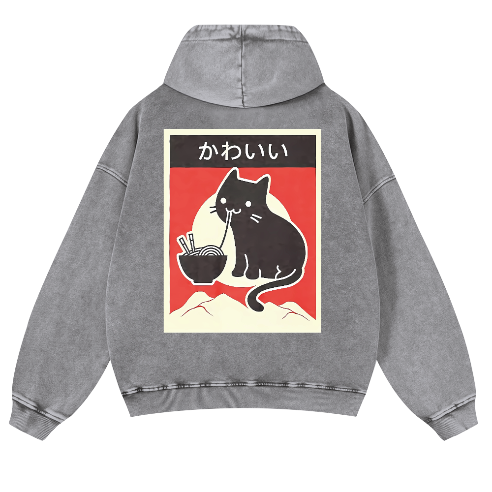Ramen Cat Vintage Washed Cotton Back Art Hoodie