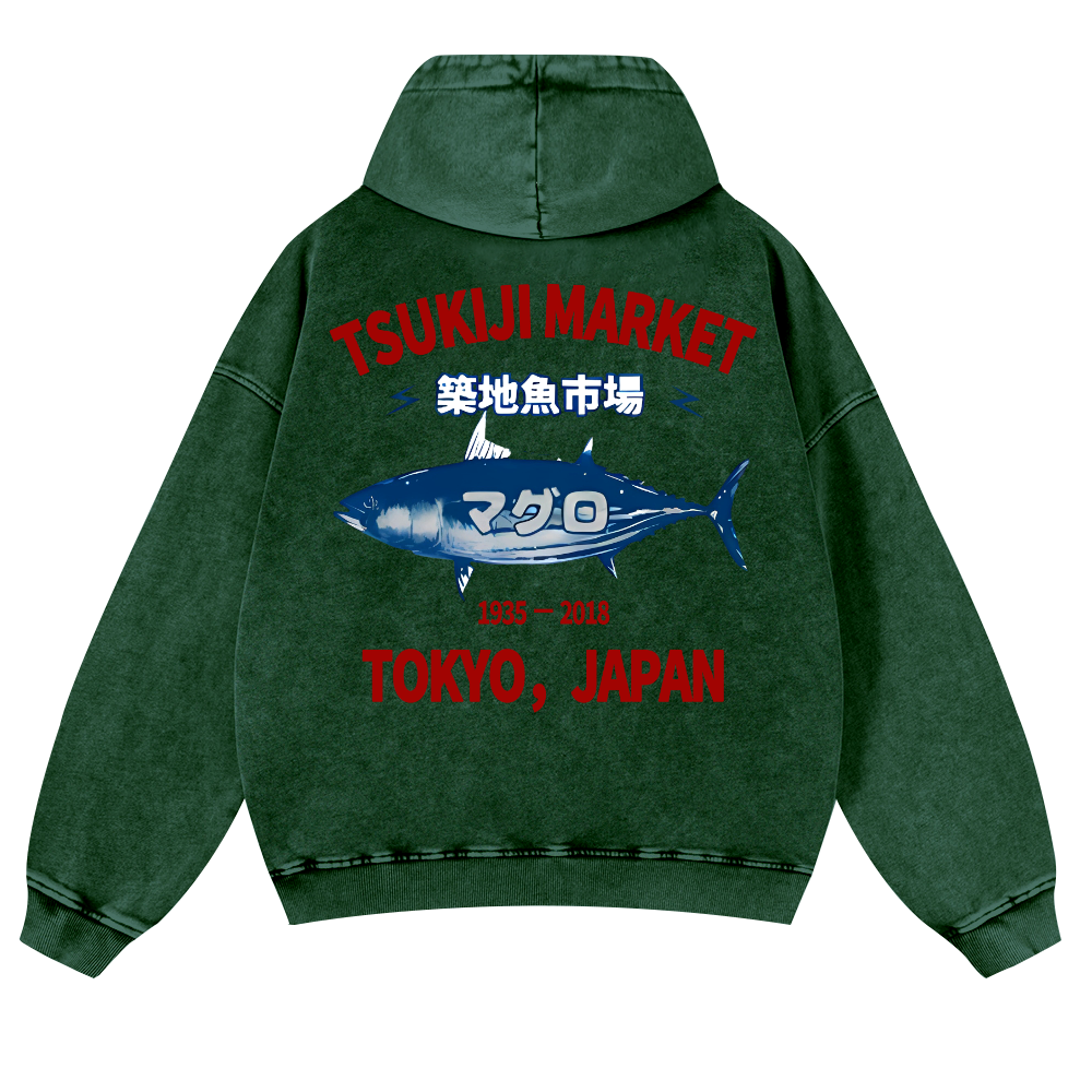Tsukiji Market Tuna Fish Tokyo Japan Vintage Washed Cotton Back Art Hoodie