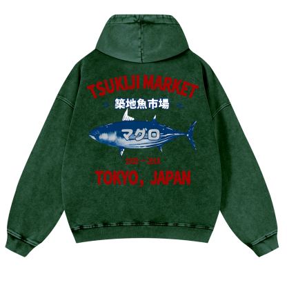 Tsukiji Market Tuna Fish Tokyo Japan Vintage Washed Cotton Back Art Hoodie