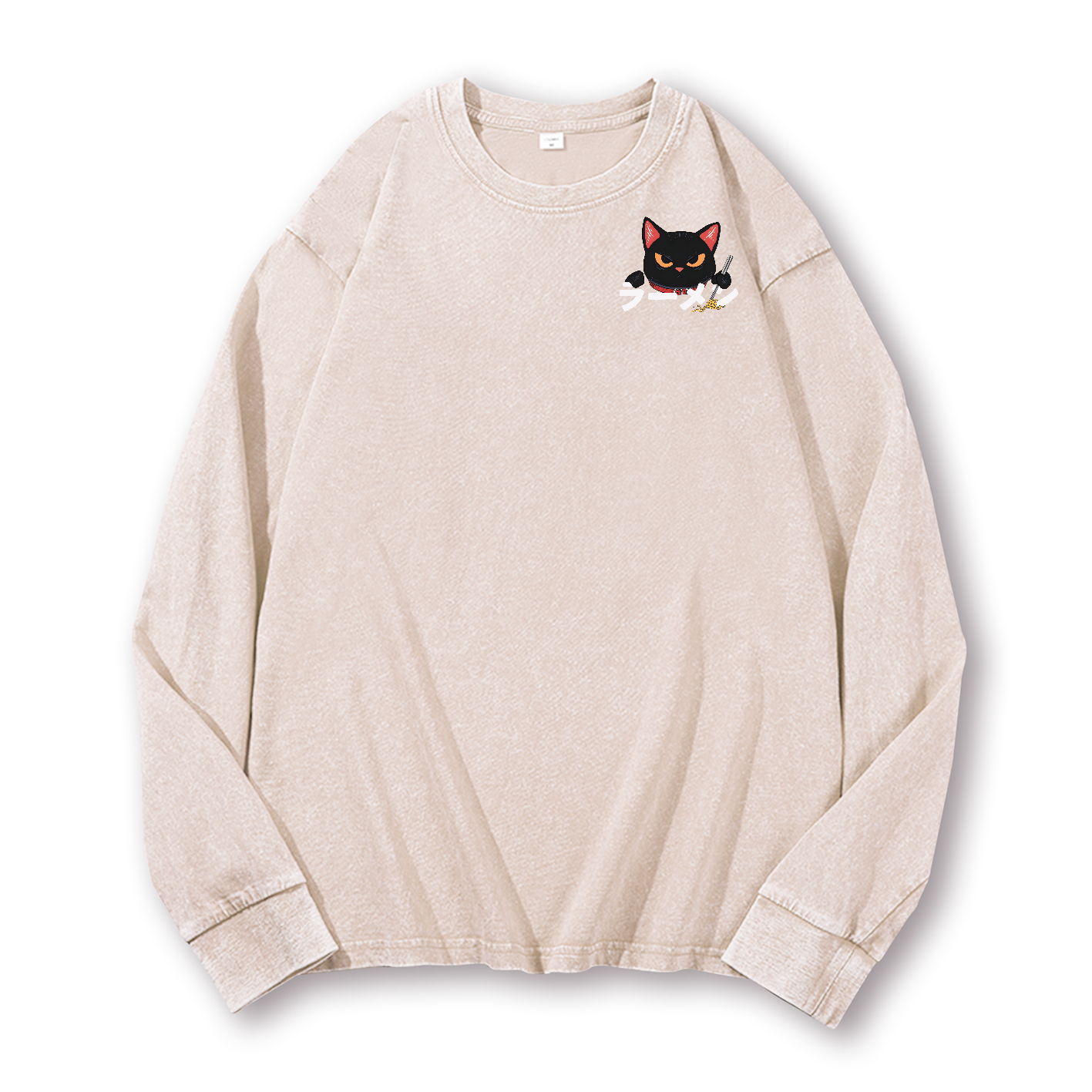 Ramen Black Cat Vintage Washed Cotton Back Art Long-sleeve T-shirt