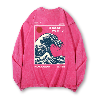 Hokkaido Wave Ukiyoe Vintage Washed Cotton Back Art Long-sleeve T-shirt