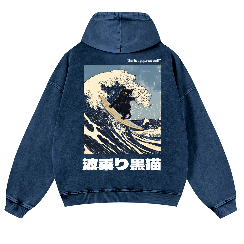 Black Cat Great Wave Vintage Washed Cotton Back Art Hoodie