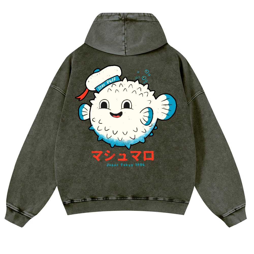 Puffer Fish Vintage Washed Cotton Back Art Hoodie