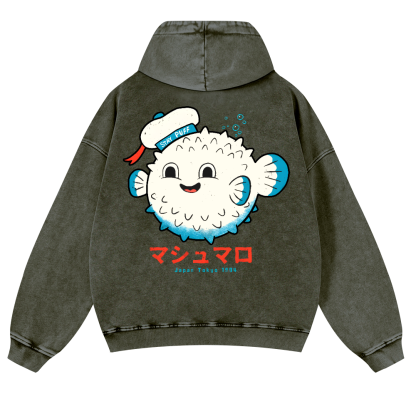 Puffer Fish Vintage Washed Cotton Back Art Hoodie