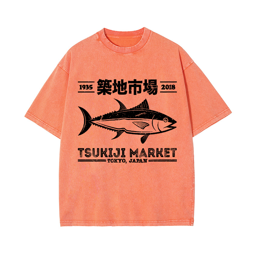 Tsukiji Market Tokyo Japan Fish Vintage Wash Japanese Design T-Shirt