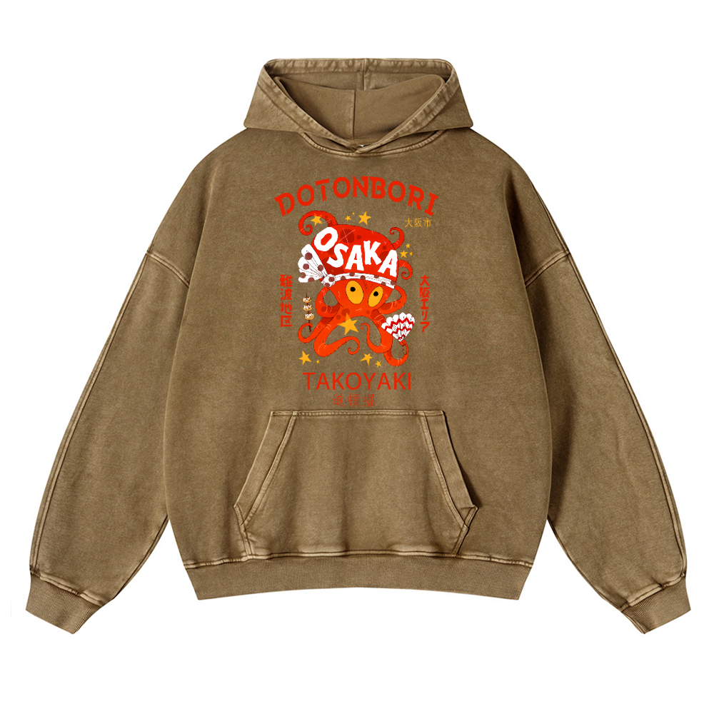 Osaka Dotonbori Takoyaki Octopus Vintage Washed Thick Cotton Hoodie