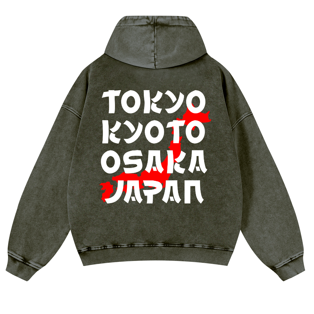 Tokyo Kyoto Osaka Japan Vintage Washed Cotton Back Art Hoodie
