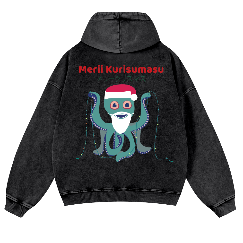 Christmas Octopus Vintage Washed Cotton Back Art Hoodie