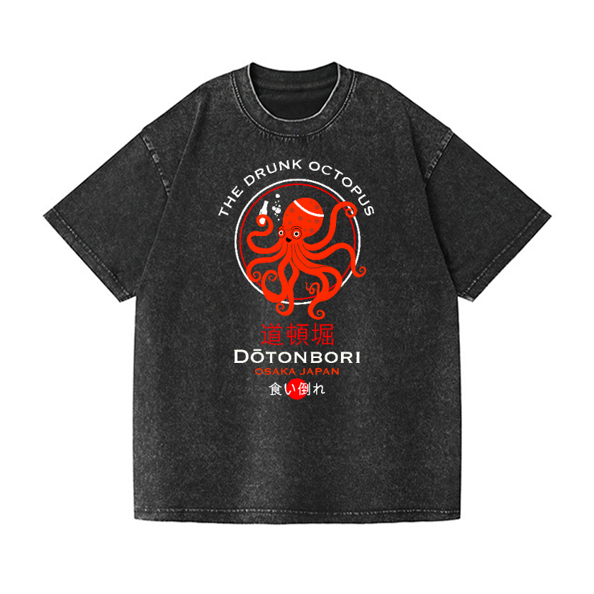 The Drunk Octopus Dotonbori Osaka Japan Vintage Wash Japanese Design T-Shirt