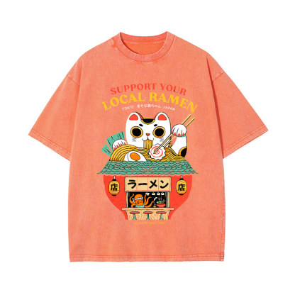 Ramen Cat Vintage Wash Japanese Design T-Shirt