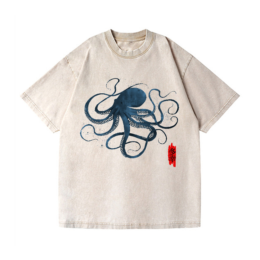 Octopus Calligraphy Vintage Wash Japanese Design T-Shirt