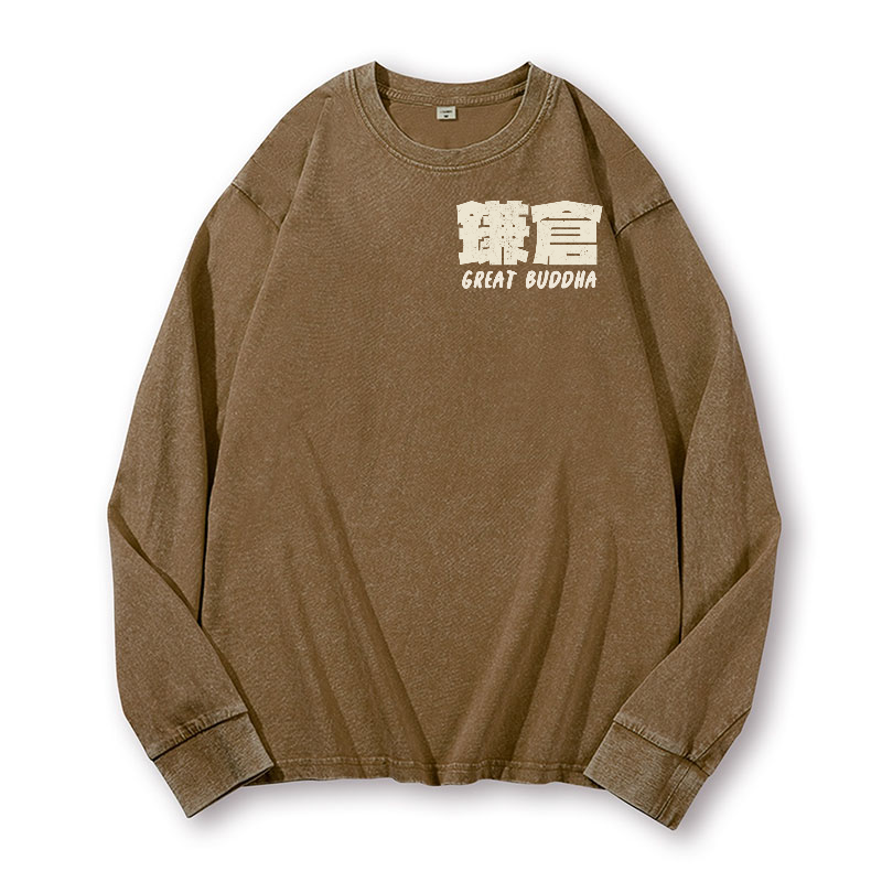 Kamakura Daibutsu Great Buddha Vintage Washed Cotton Back Art Long-sleeve T-shirt