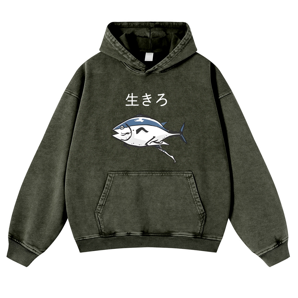 The Living Fish Vintage Washed Thick Cotton Hoodie