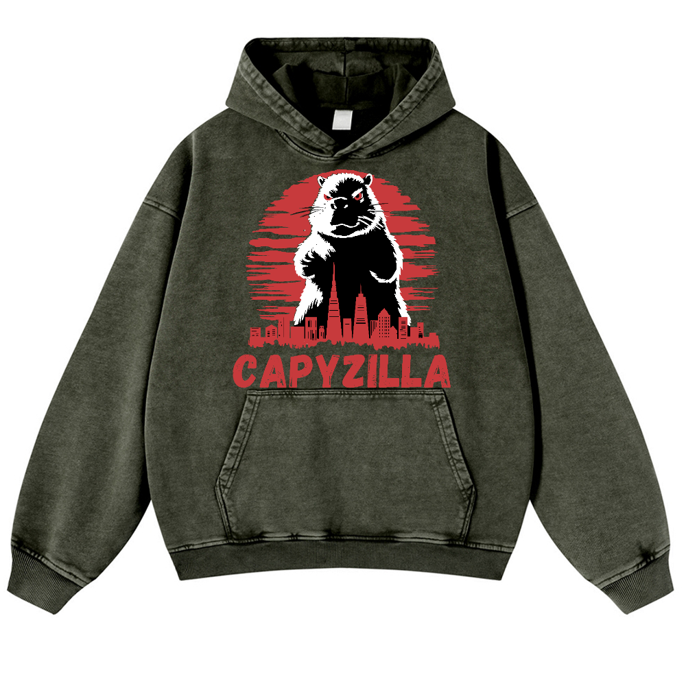 Capybara Godzilla Capyzilla Vintage Washed Thick Cotton Hoodie