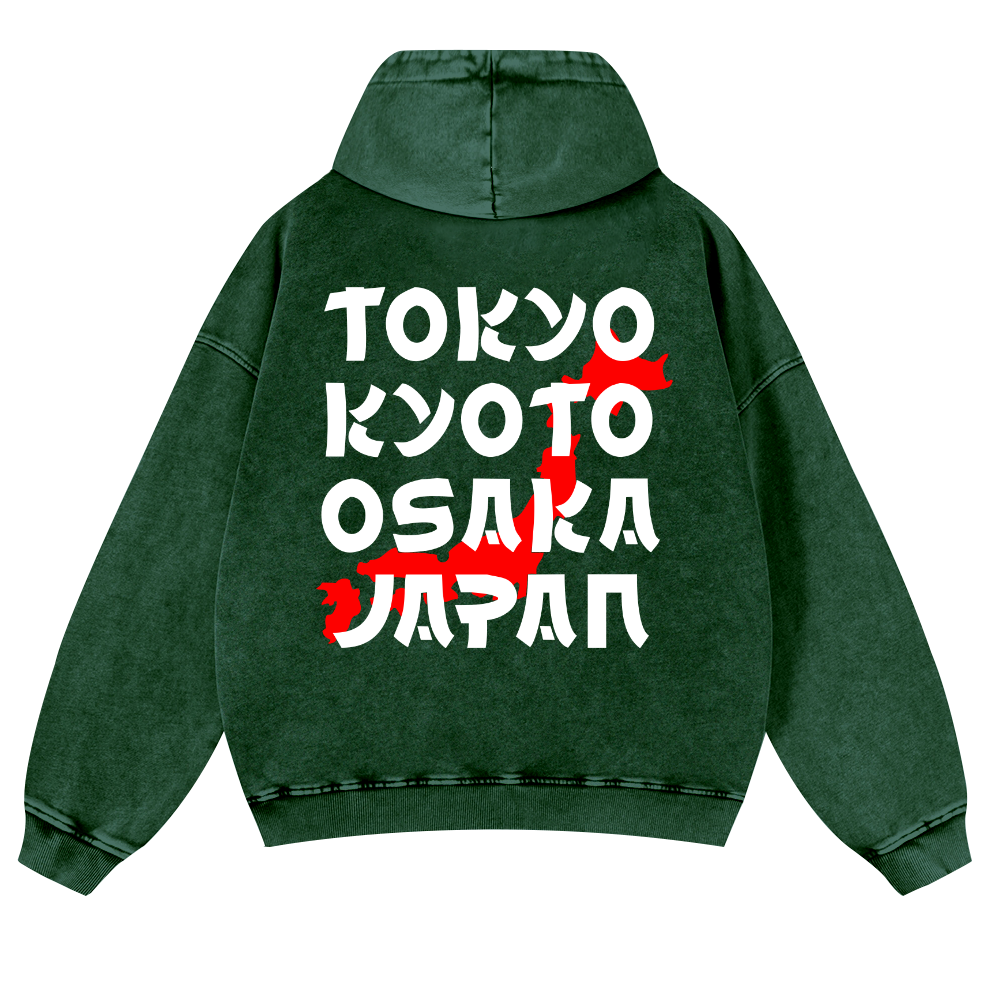 Tokyo Kyoto Osaka Japan Vintage Washed Cotton Back Art Hoodie
