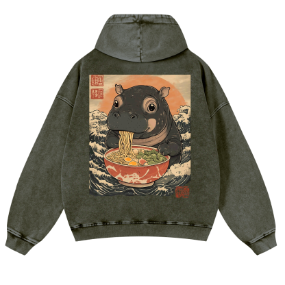 Hippo Ramen Ukiyoe Vintage Washed Cotton Back Art Hoodie
